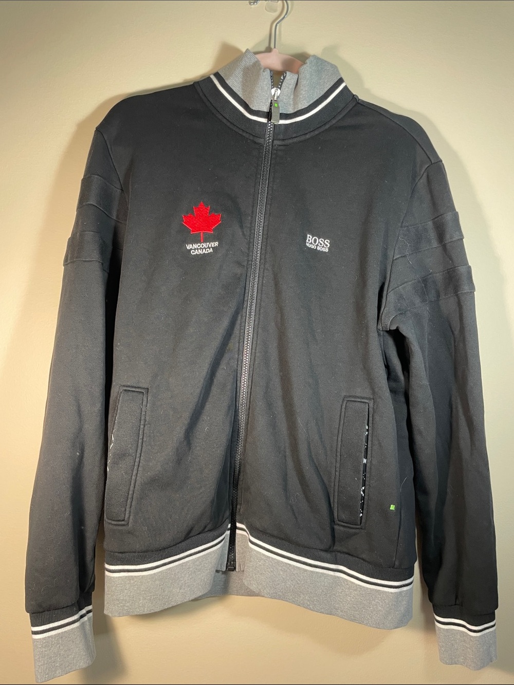 Hugo Boss Black Zip-Up Track Jacket with Red Maple Emblem